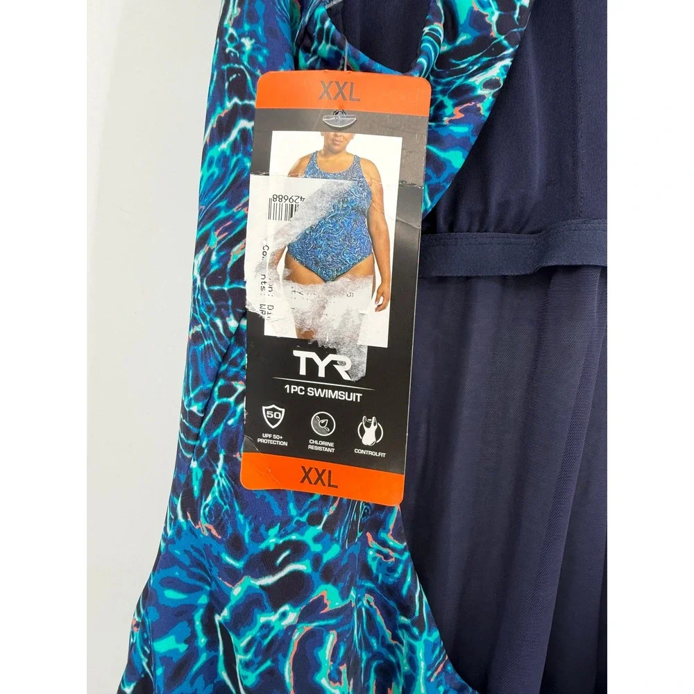 TYR Women XXL Blue Water Ripple Print Racerback One Piece Swimsuit Controlfit